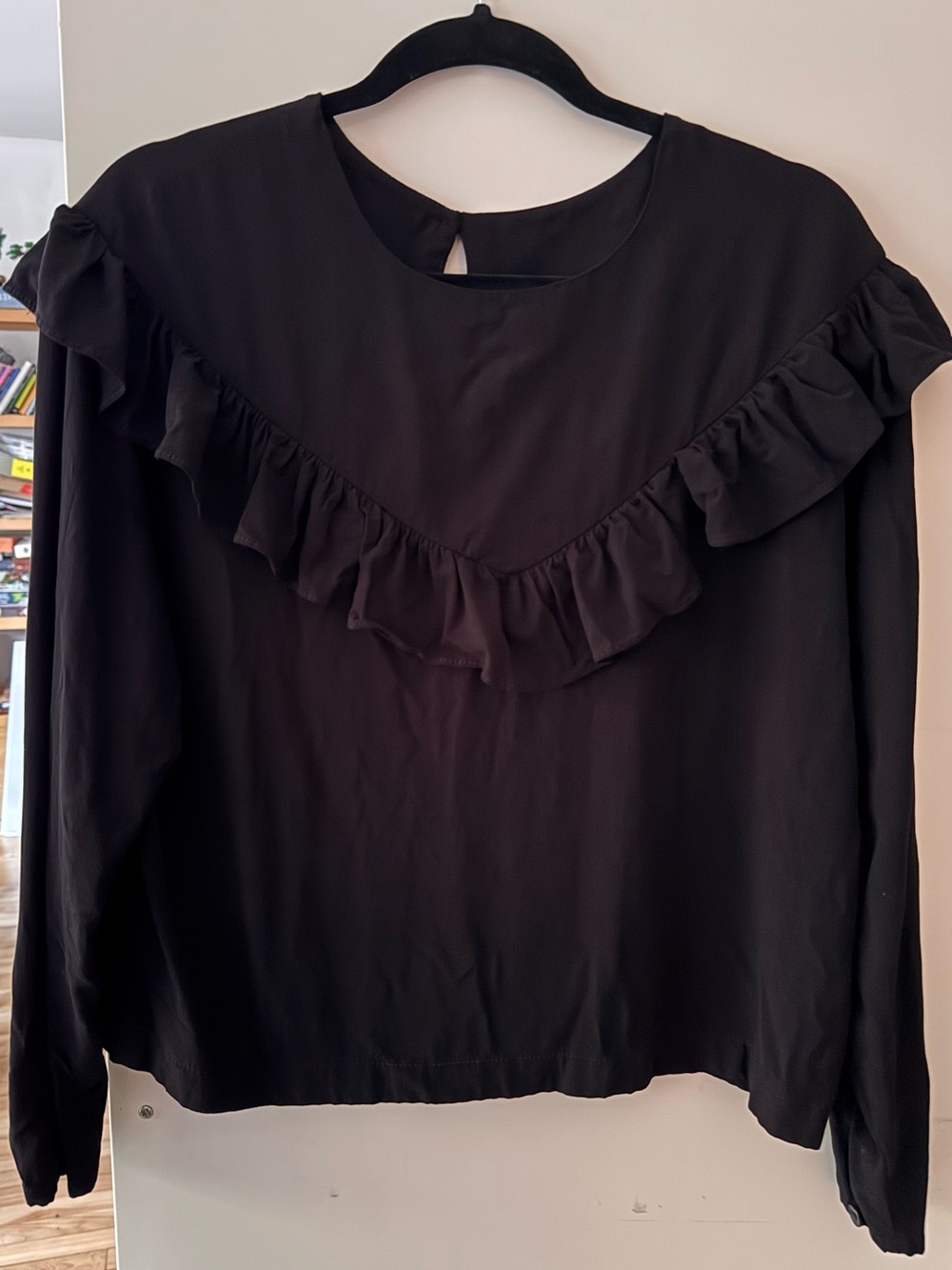 Melow by Mélissa Bolduc Black Ruffle Yoke Blouse Viscose Made in Montreal Small